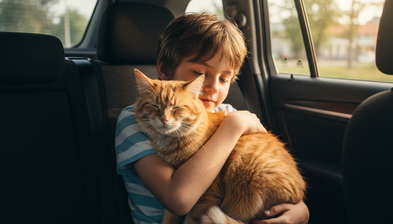 A young boy hugging a senior orange tabby cat in the back seat of a car after adoption