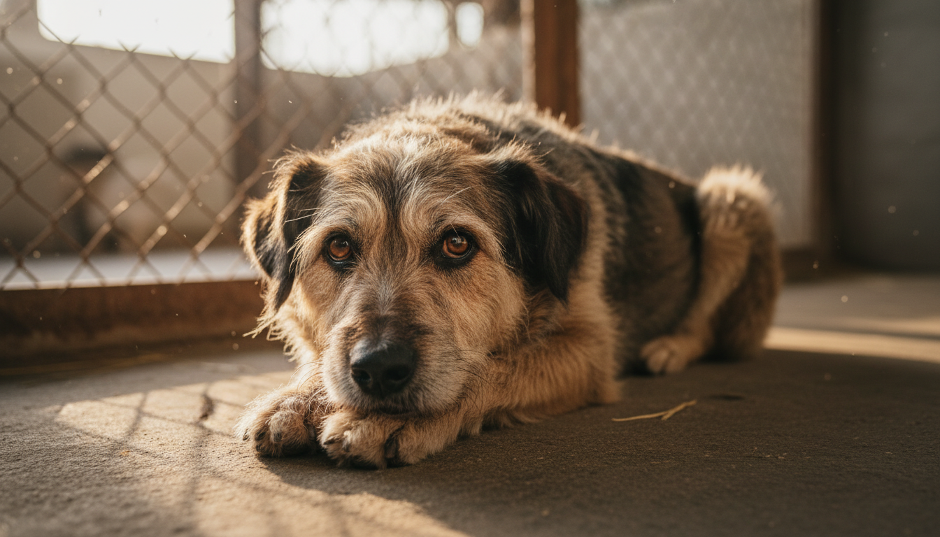 A sad shelter dog resting his head on his paws behind a chain link fence