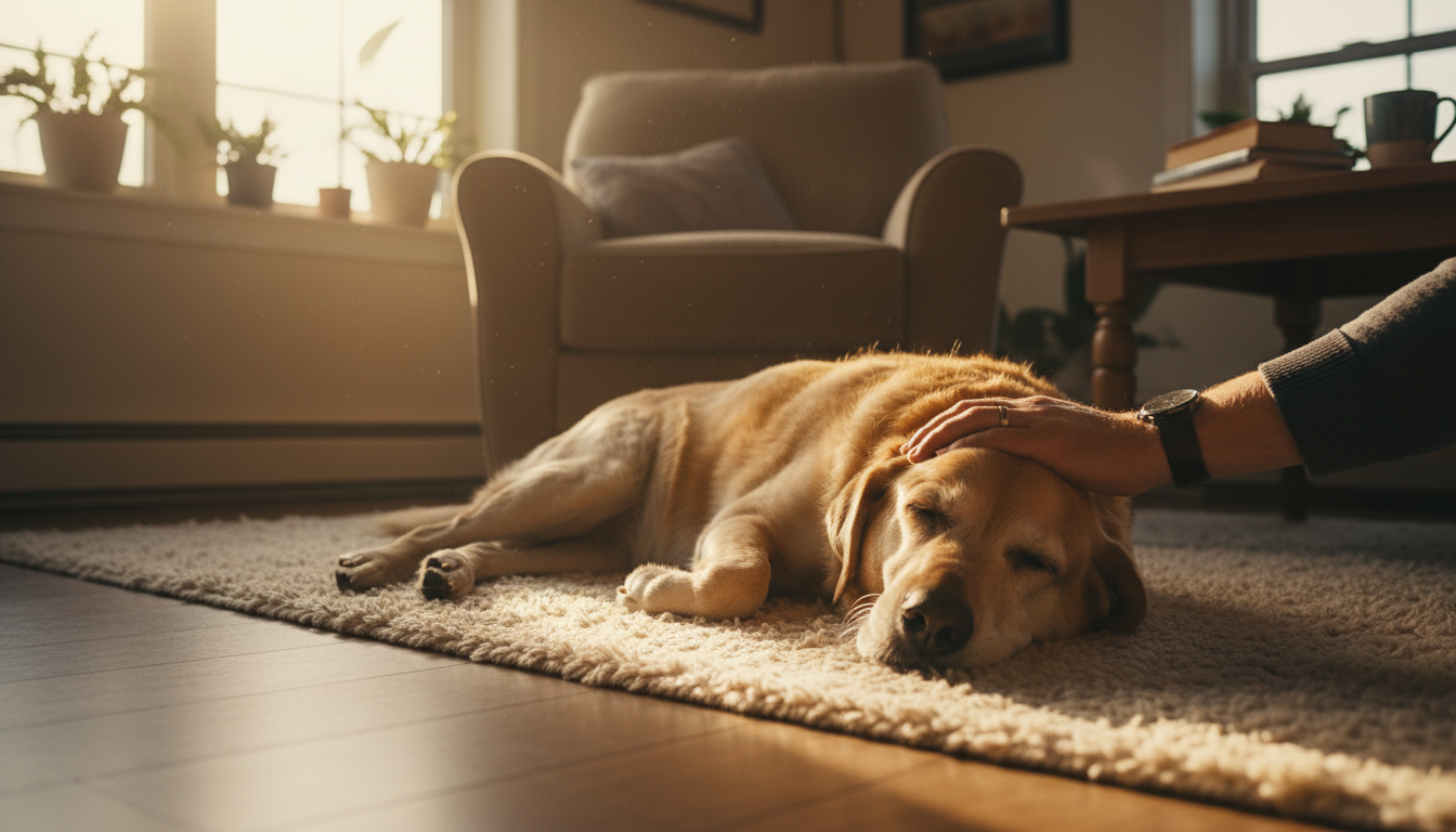 An elderly senior dog sleeping comfortably in a sunlit room with a human hand petting him