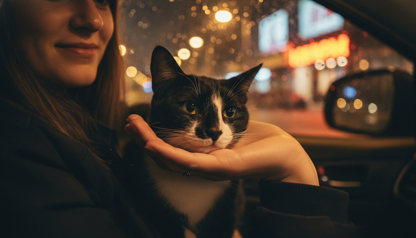 A tuxedo foster cat resting his head on his owner's hand during a car ride