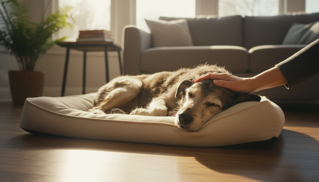 An elderly hospice foster dog sleeping peacefully on a soft bed while being petted by his foster mom
