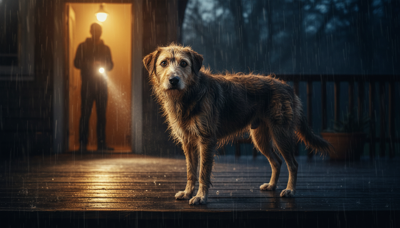 A wet stray dog standing on a porch at night looking back at a human during a storm