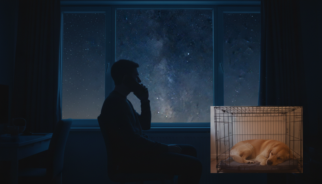 A conceptual image representing a life-saving phone call for a shelter dog at midnight
