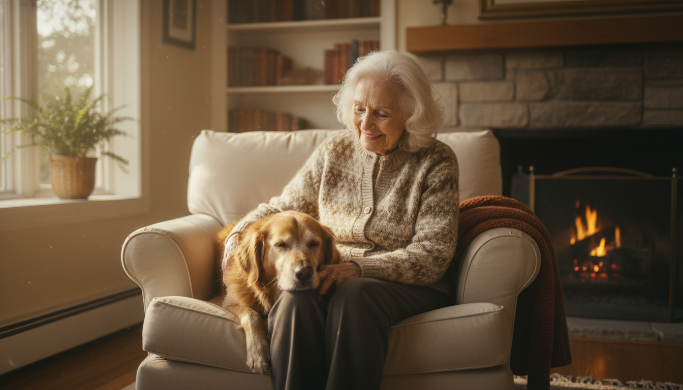An elderly woman petting her adopted senior dog in a sunlit living room