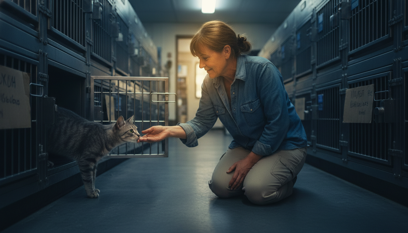 A volunteer kneeling at a shelter cage reaching out to a shy grey tabby cat