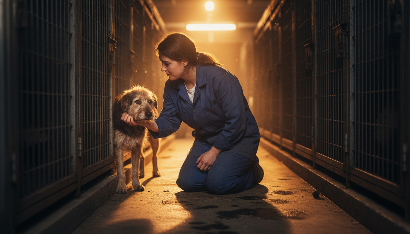 Shelter worker comforting a sad dog in a dimly lit kennel after hearing crying