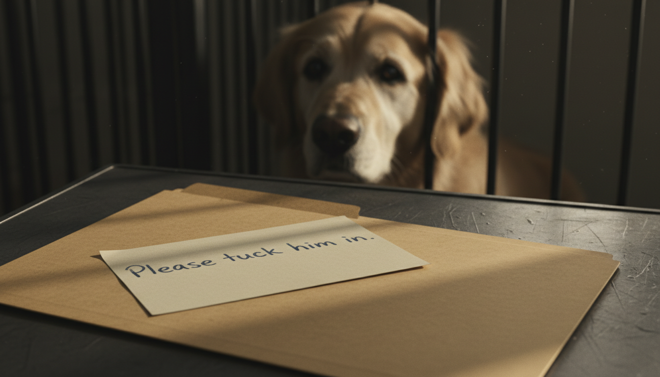 Close up of a handwritten surrender note on a file folder with a blurred senior dog in the background