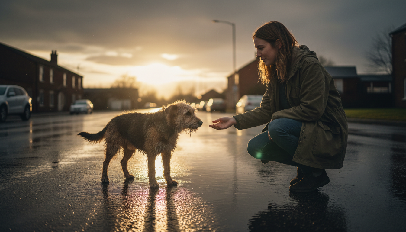 A woman kneeling on a wet road reaching out to rescue a scared, matted stray dog