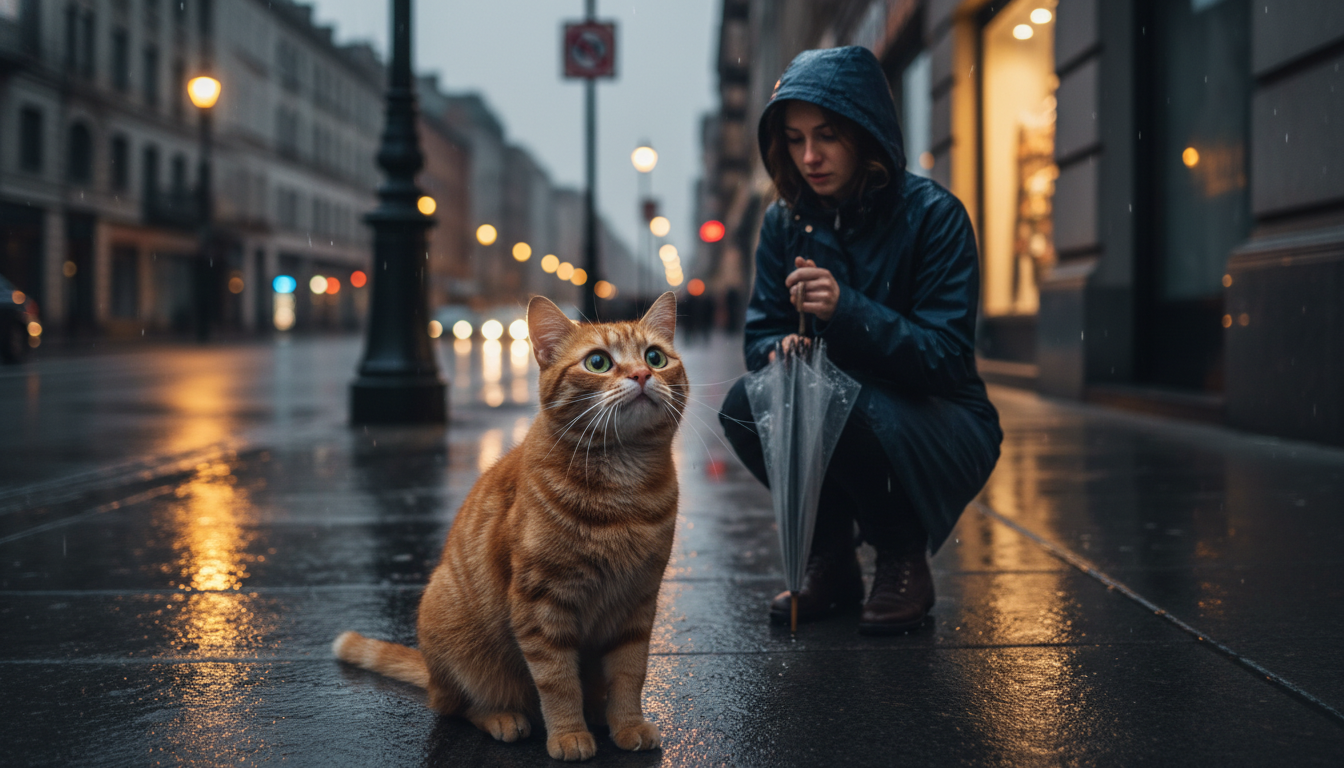 Ginger stray cat looking up at a woman on a rainy sidewalk