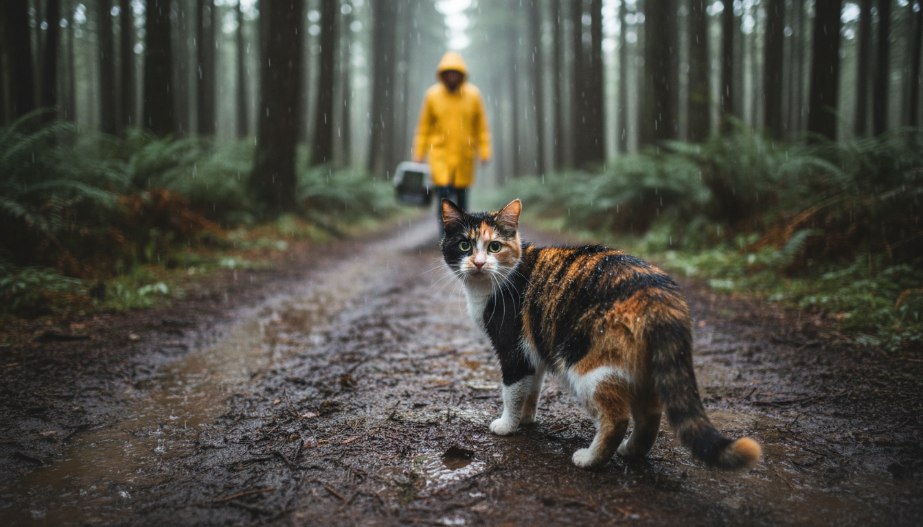 A stray calico cat looking back on a rainy path, leading a rescuer into the woods