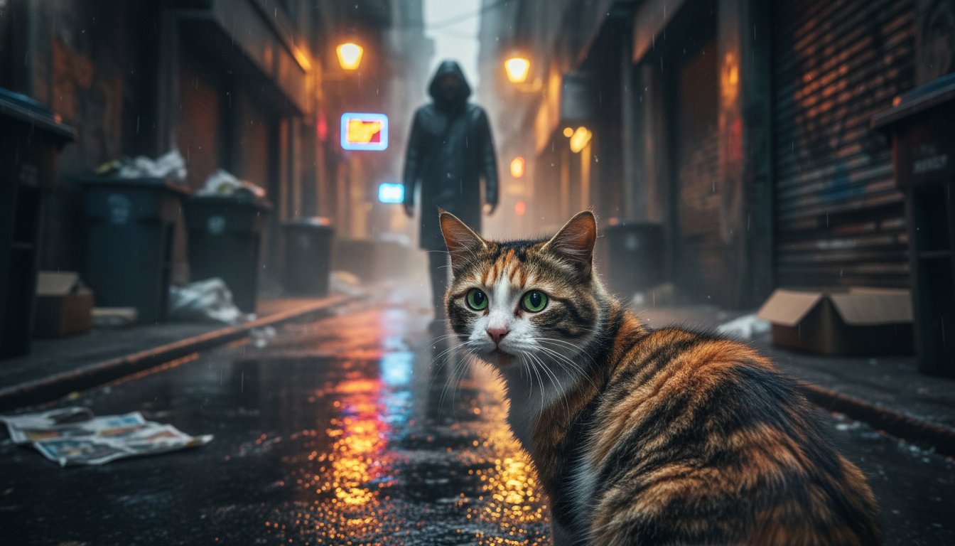 A stray cat looking back to lead a rescuer down a rainy alleyway
