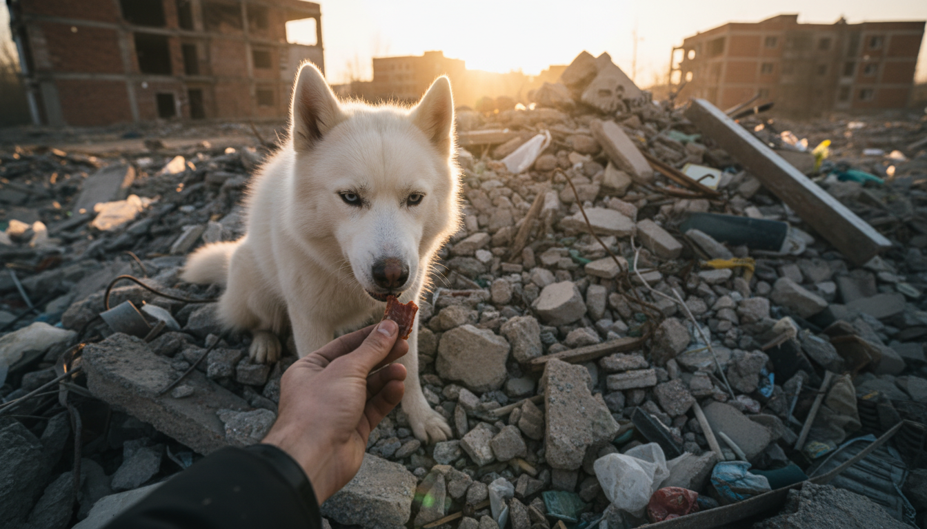 A husky dog sitting on a trash pile looking at a rescuer's hand offering food