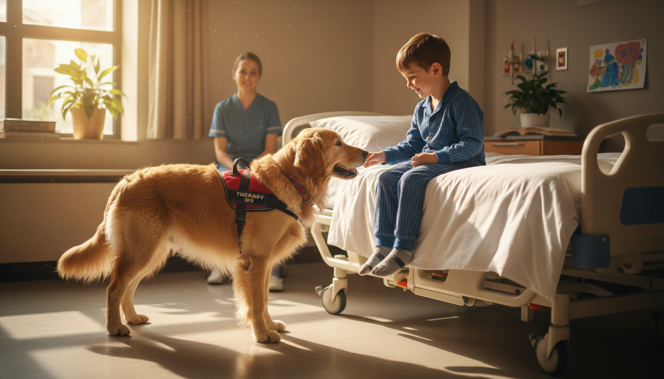 A young boy in a hospital bed petting a Golden Retriever therapy dog, smiling during his recovery process.