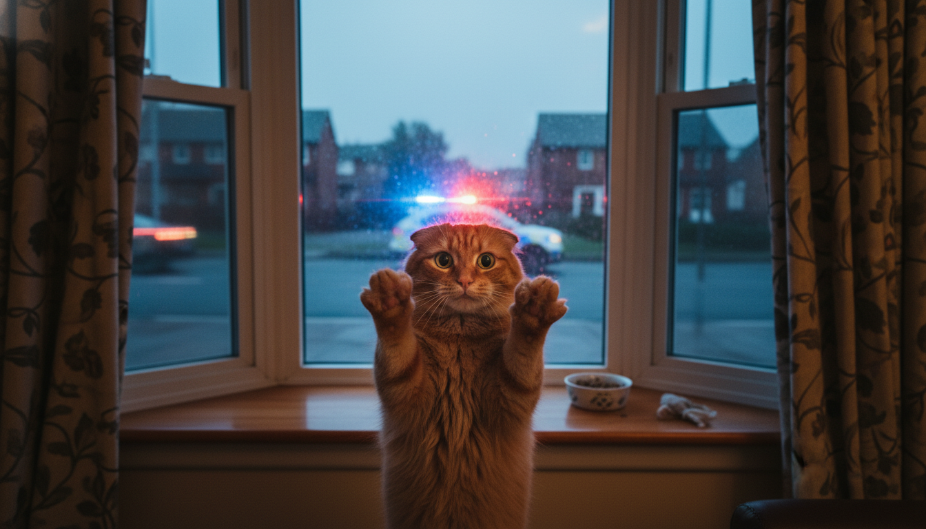 An orange tabby cat looking frantically out a window with police lights reflecting on the glass
