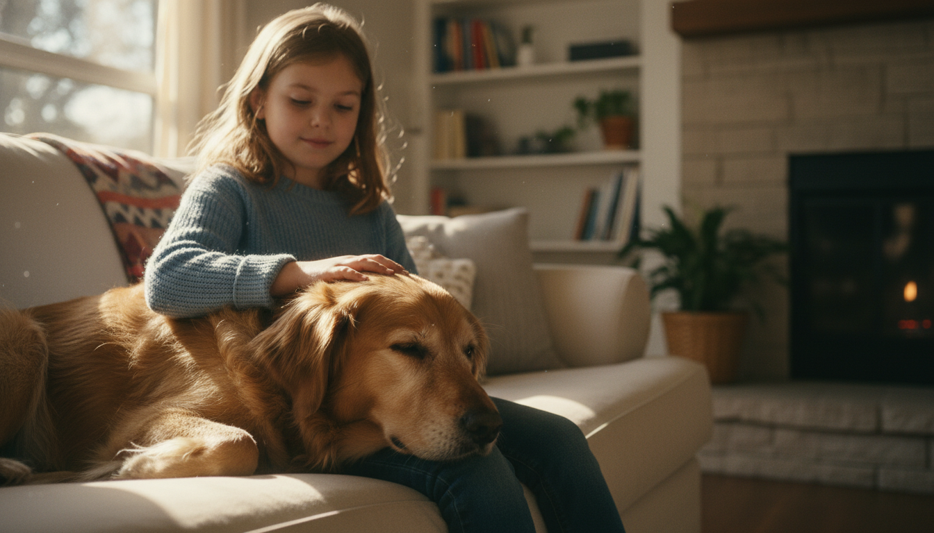 A golden mixed breed shelter dog resting its head on a child's lap, symbolizing how a family found hope after a tragedy.