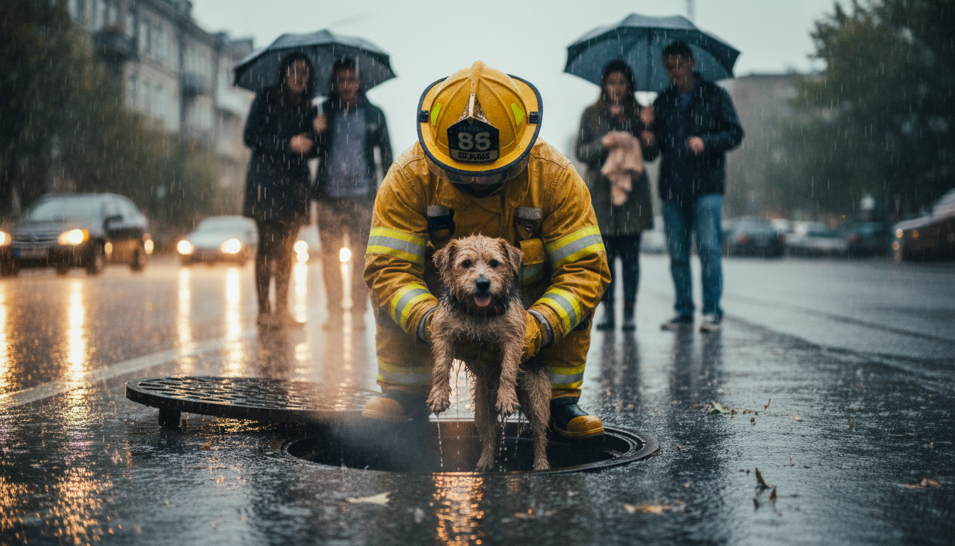 Firefighter lifting a muddy rescue dog out of a storm drain while neighbors watch