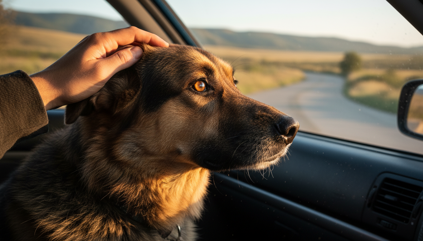 A hopeful shelter dog looking out a car window as he goes to his forever home