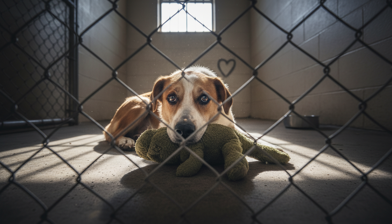 Sad shelter dog lying on concrete floor hugging a green stuffed dinosaur toy