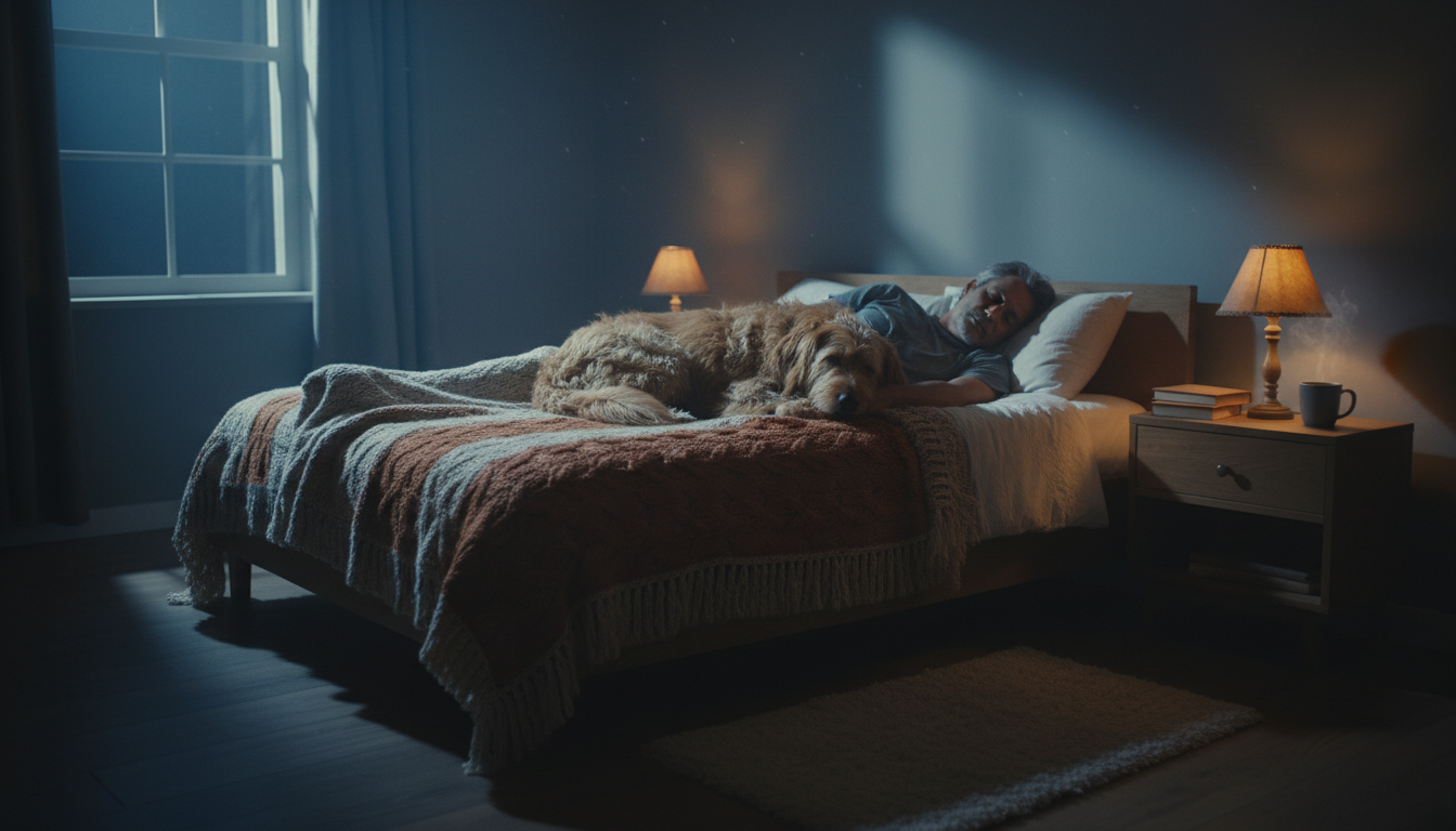 A rescue dog sleeping peacefully beside a veteran, providing comfort and safety.
