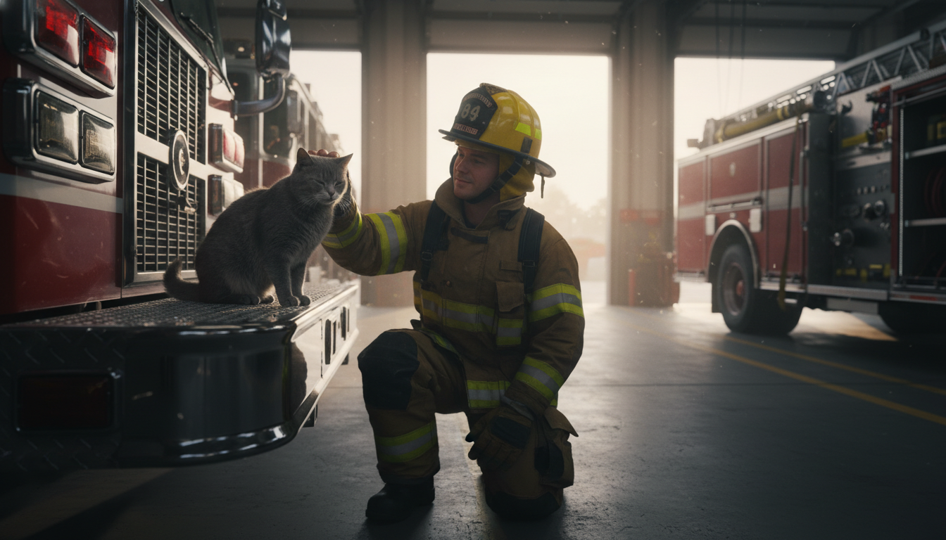 A grey cat sitting on a fire truck bumper being petted by a firefighter