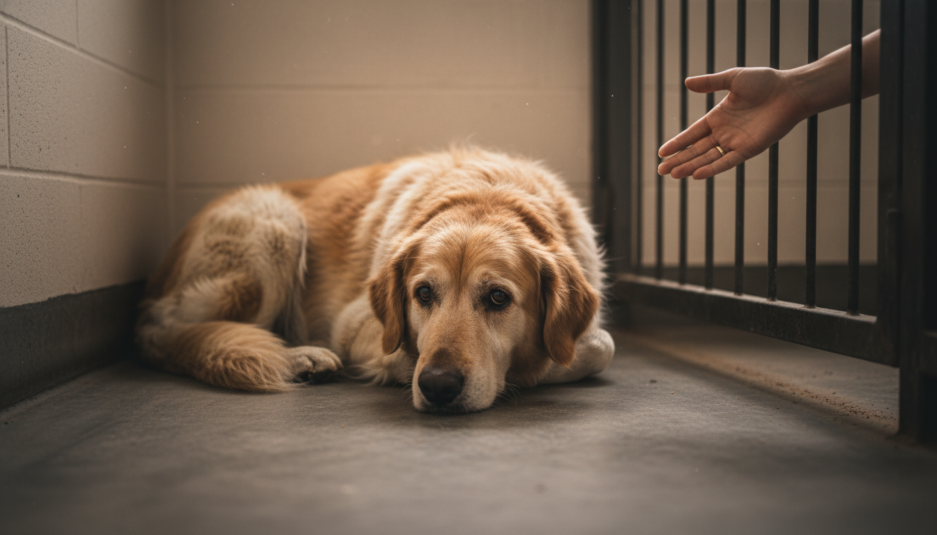 A sad 12-year-old dog lying on a shelter floor waiting for adoption