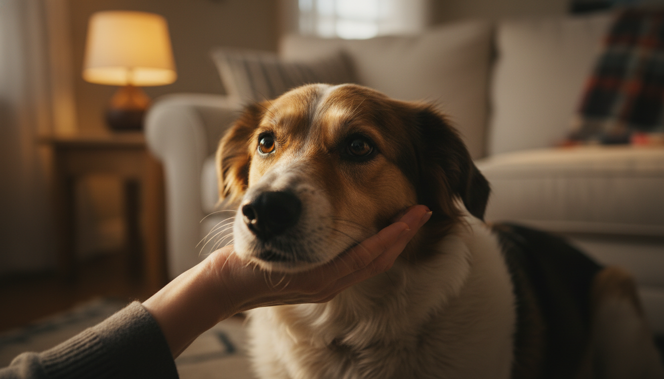 A rescue dog resting his chin on a foster owner's hand, showing trust after trauma.