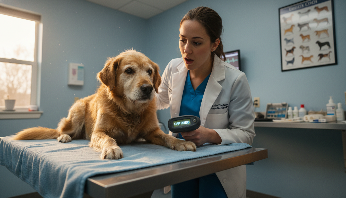 Veterinary technician scanning a senior dog for a microchip in an animal shelter exam room
