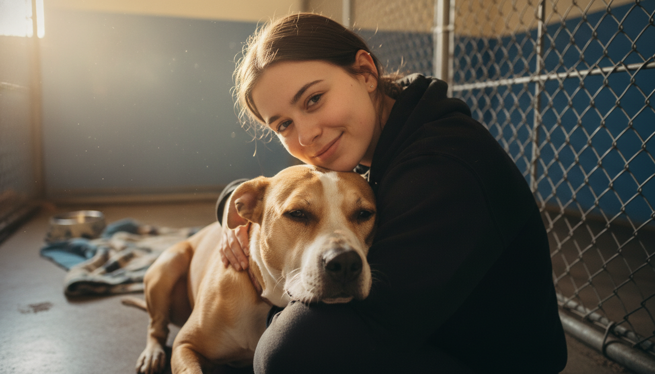 A shelter dog resting his head on a woman's shoulder in a kennel
