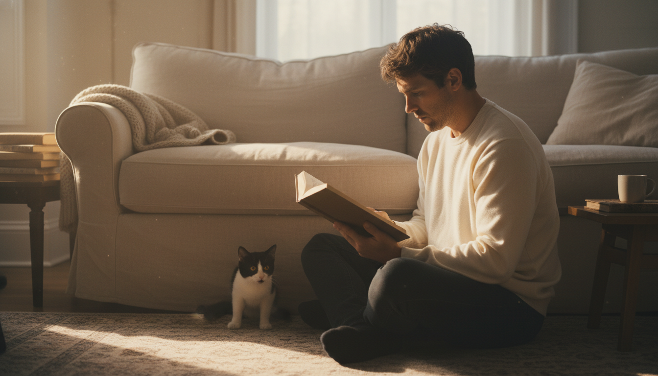 A man sitting quietly on the floor reading while a scared tuxedo cat peeks out from under a sofa