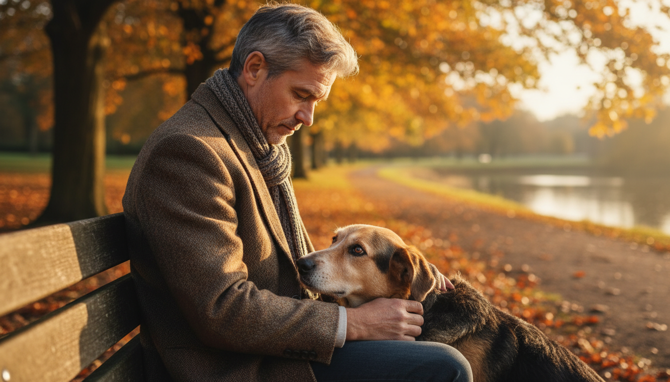 A rescue dog resting its head on a grieving man's knee on a park bench during autumn