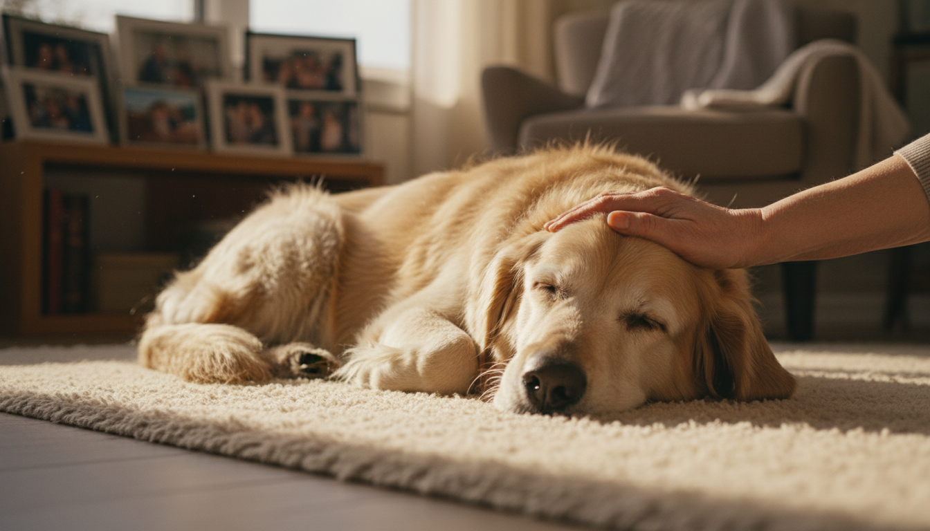 An old golden retriever mix with a white muzzle sleeping peacefully in a sunbeam while being petted by an owner.