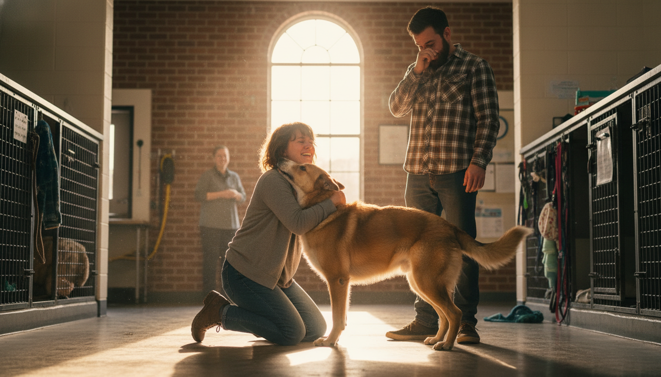 A woman crying tears of joy while hugging a lost dog at an animal shelter during a miracle dog reunion