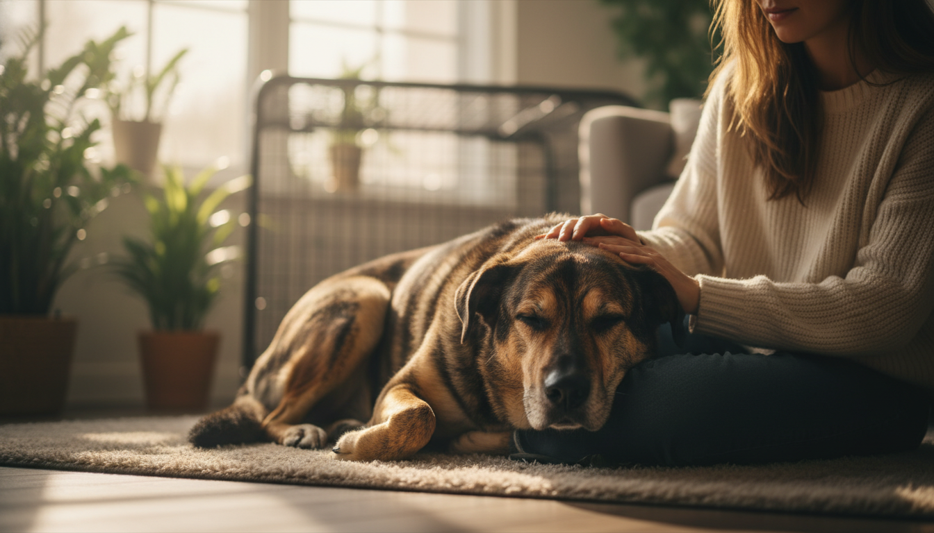 A large brindle dog previously labeled unadoptable resting his head on his new owner's lap in a sunny home.