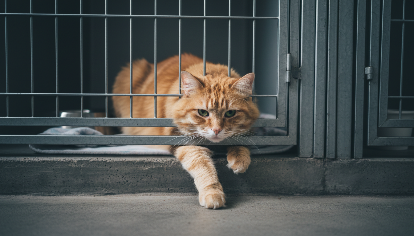 A large tabby cat looking sad and slumped over in a shelter cage