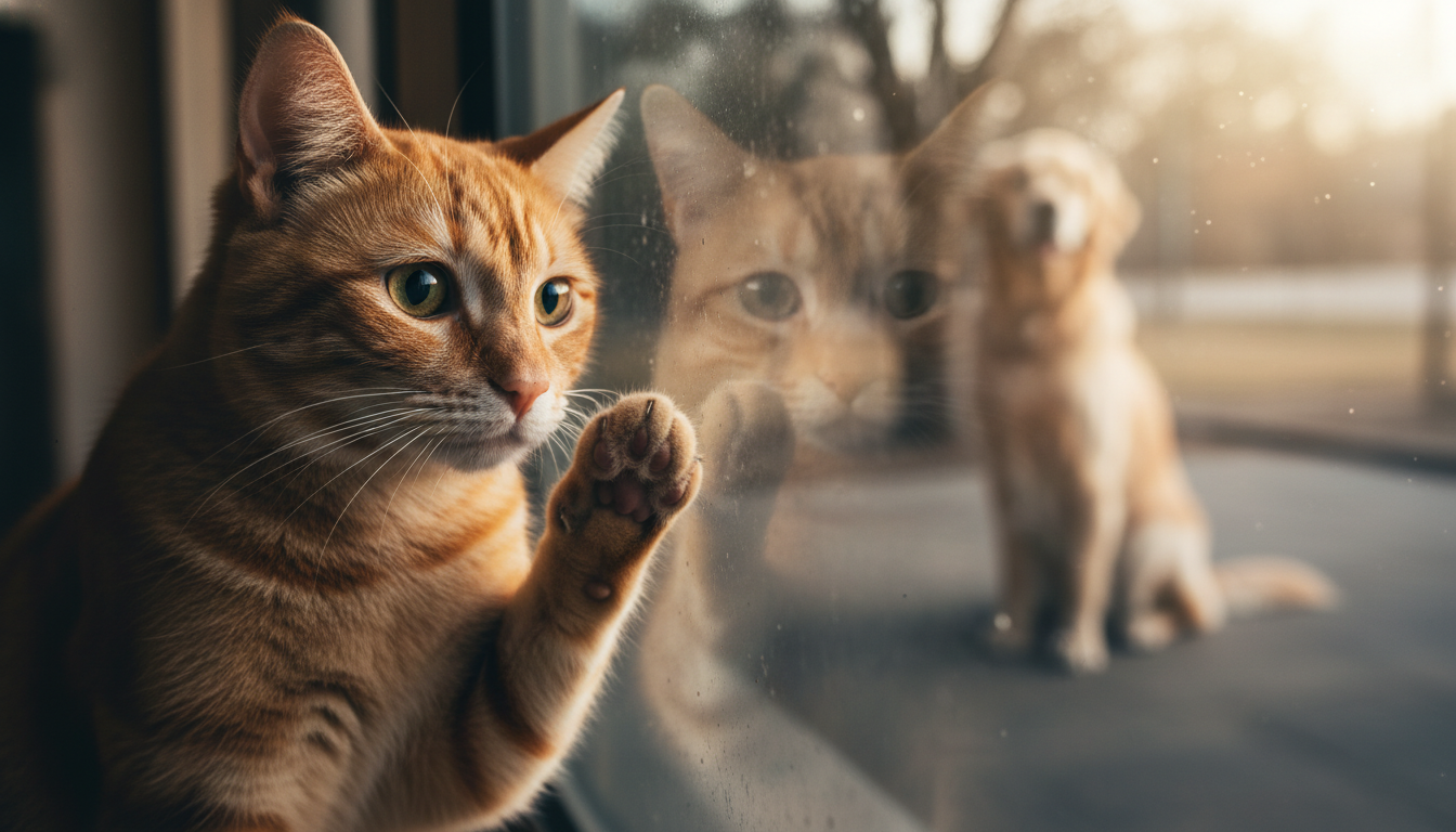 Ginger tabby cat looking through shelter window with a sad expression