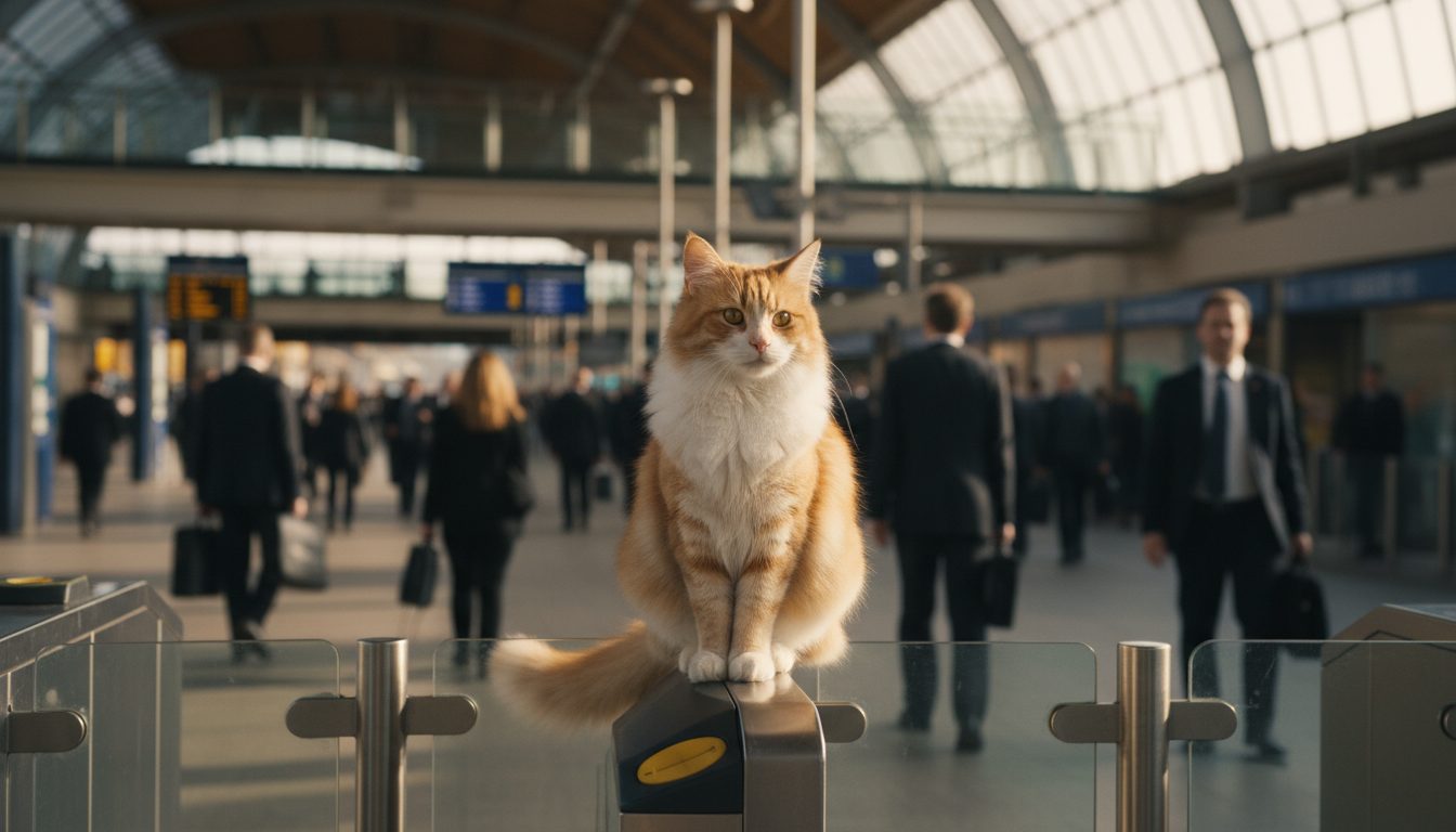 Ginger and white cat sitting on a train station ticket barrier watching commuters
