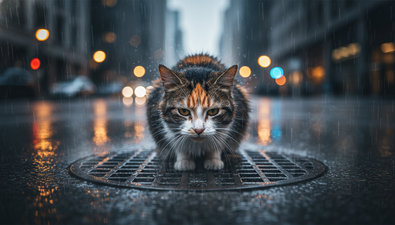 A wet stray cat sitting on a storm drain grate in the rain refusing to move