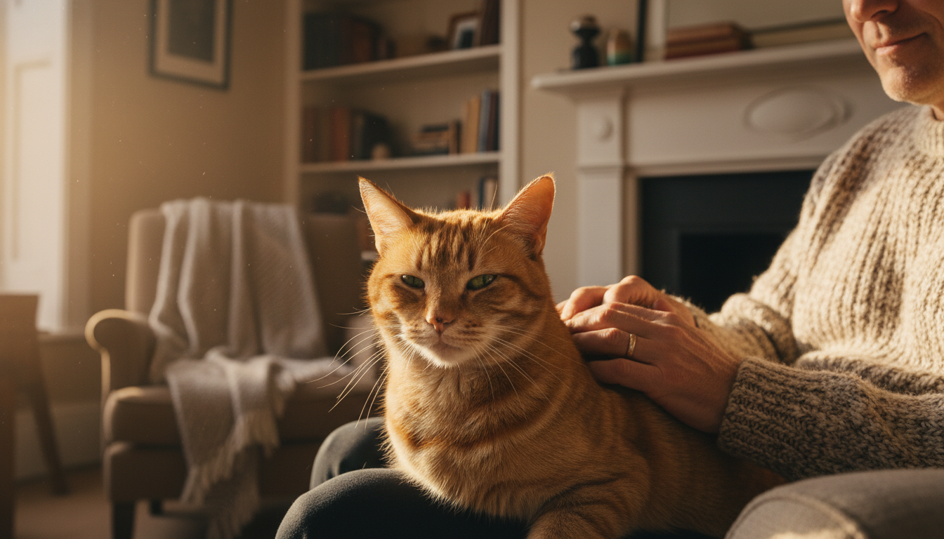 A miracle cat survivor with healed scars resting on the lap of his owner, showing a deep emotional bond.