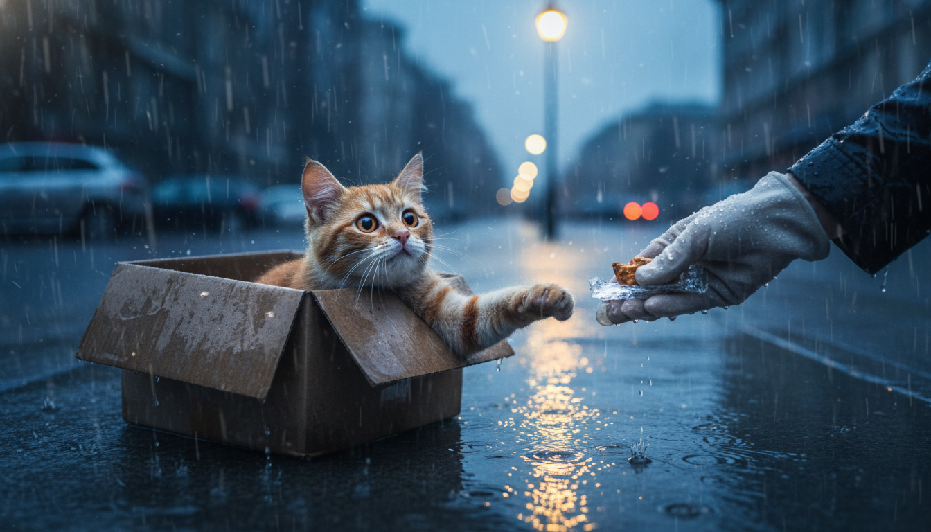 A ginger cat looking up hopefully from inside a wet cardboard box on a rainy street.