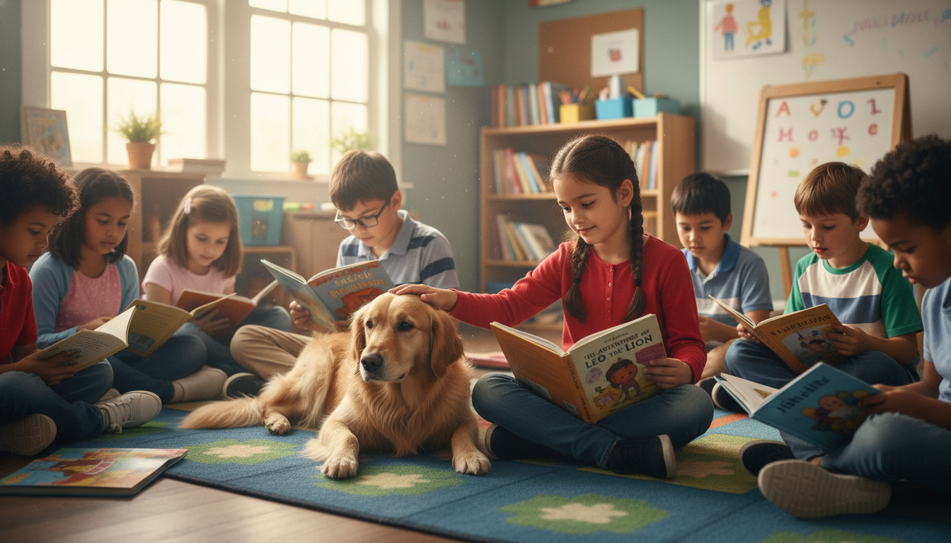 A Golden Retriever therapy dog lying on a classroom floor surrounded by children reading books