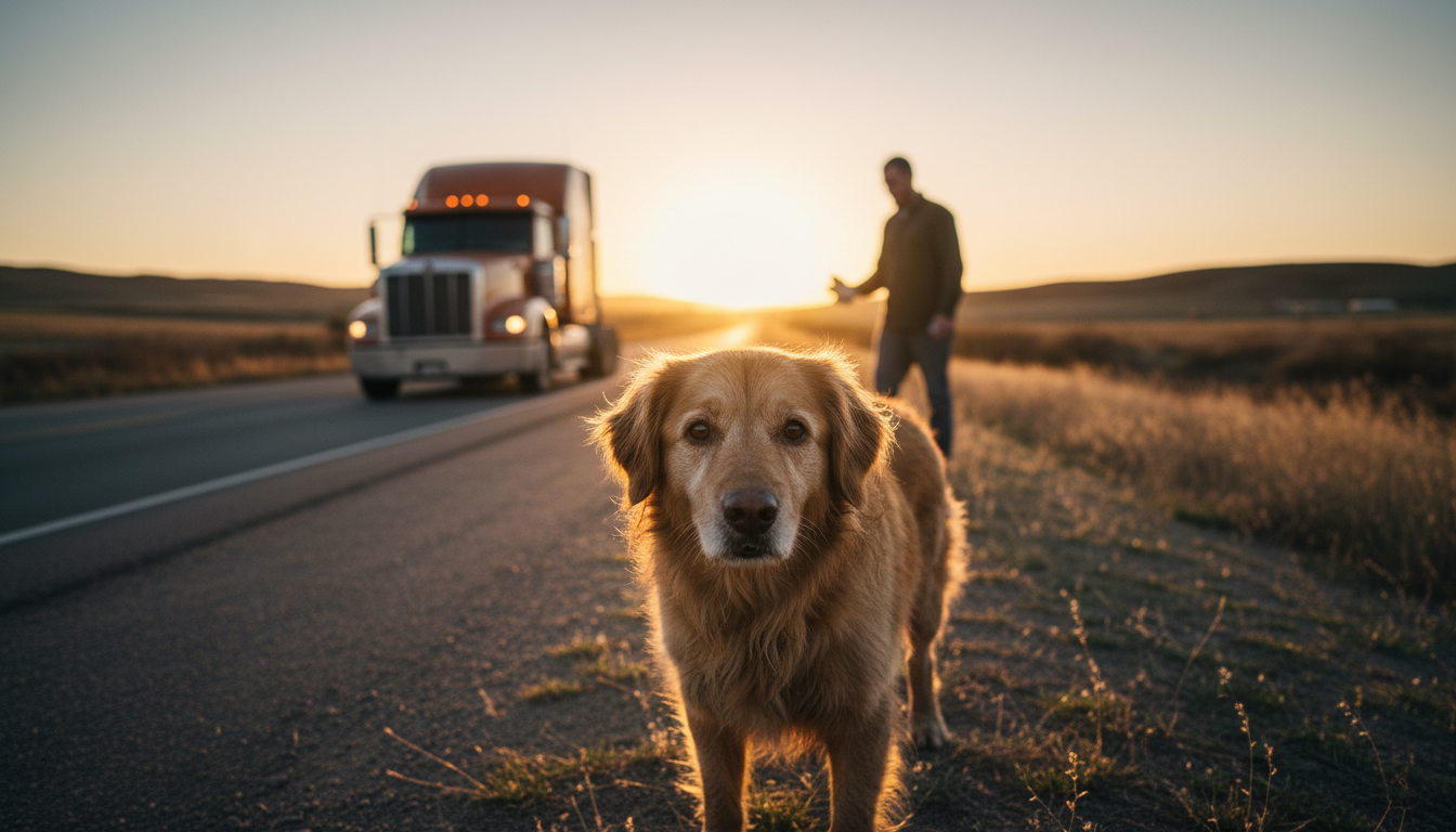 A scruffy Golden Retriever mix standing on a road during sunset, looking hopeful before being rescued.