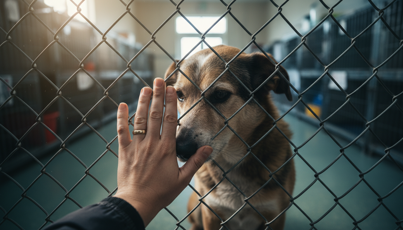 A sad dog with a grey muzzle looking through a shelter fence waiting for adoption