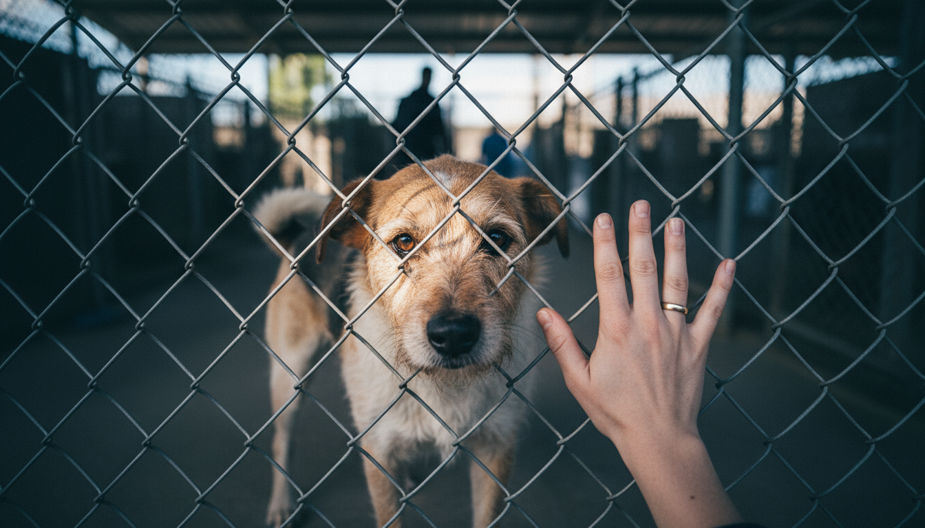 A scruffy shelter dog looking through a fence, contrasting fear with hope