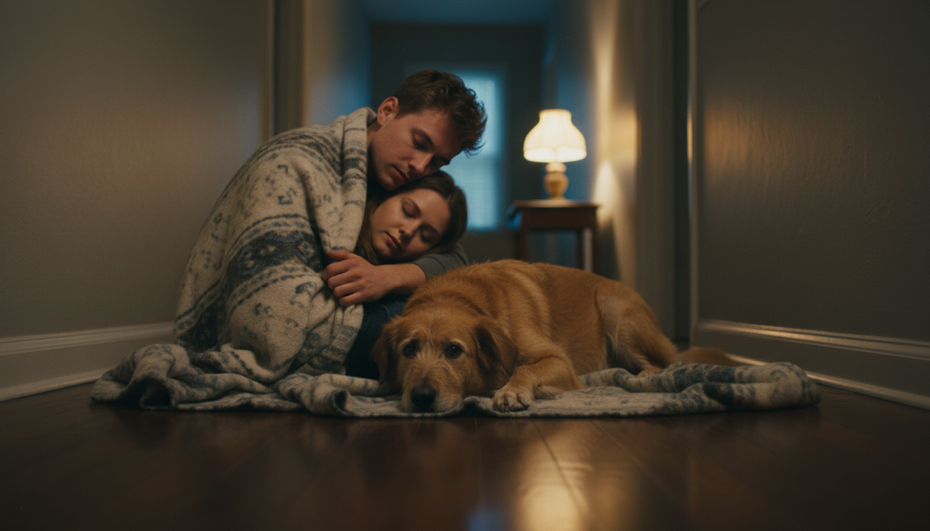 A couple sitting on the floor at night comforting a rescue dog who is afraid to sleep