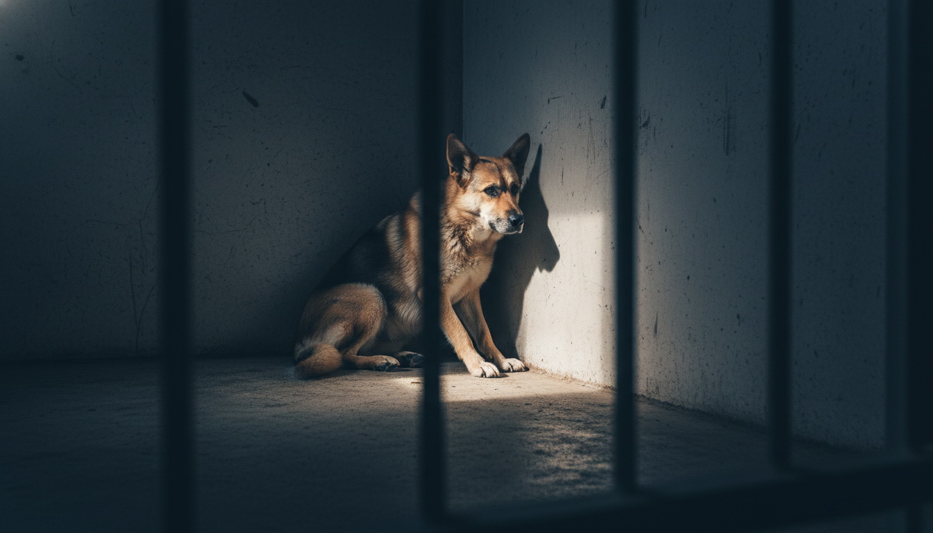 A sad shelter dog sitting alone in the corner of a kennel looking at the wall