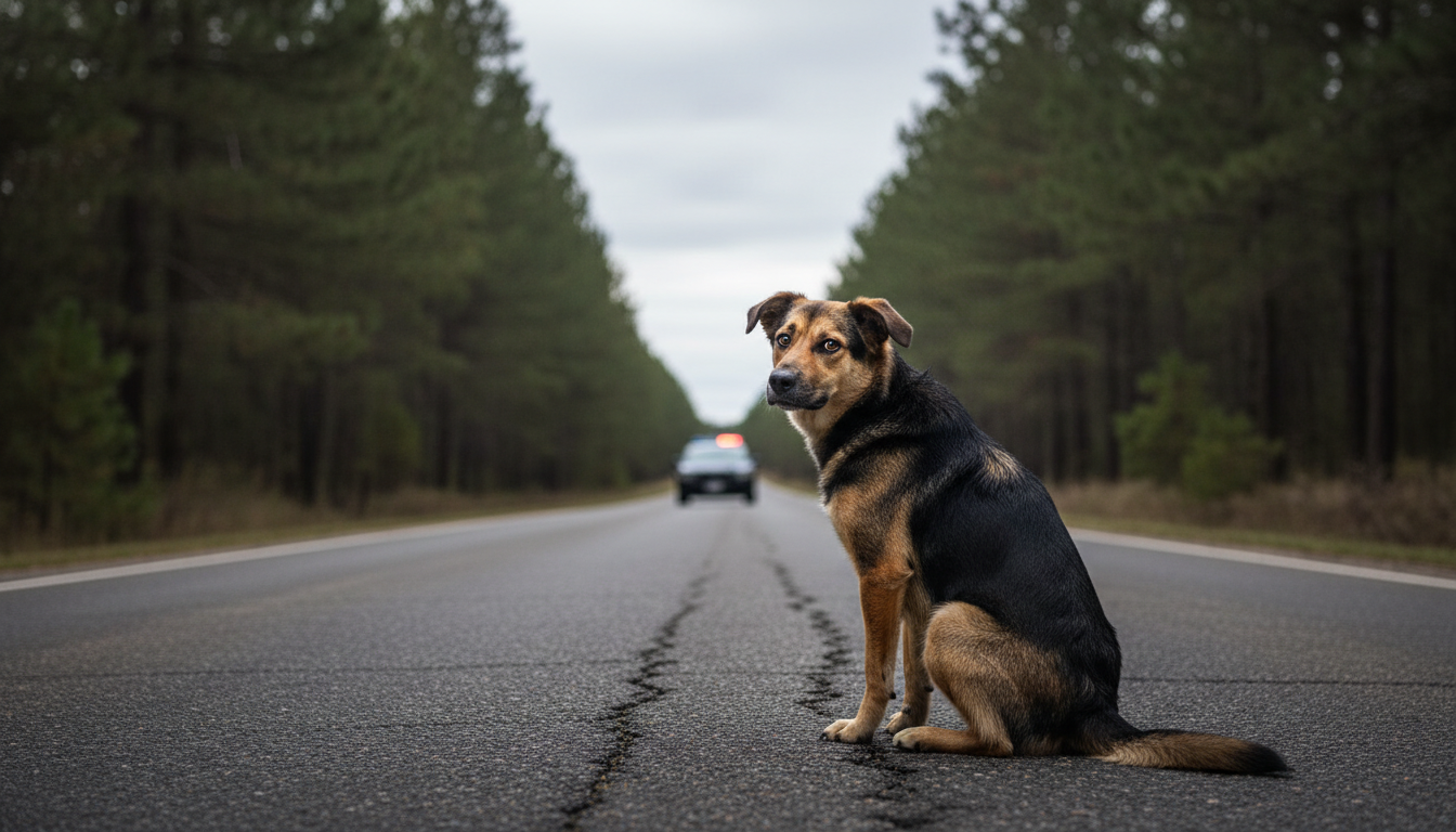 A loyal dog sitting alone on a rural highway waiting for help to arrive