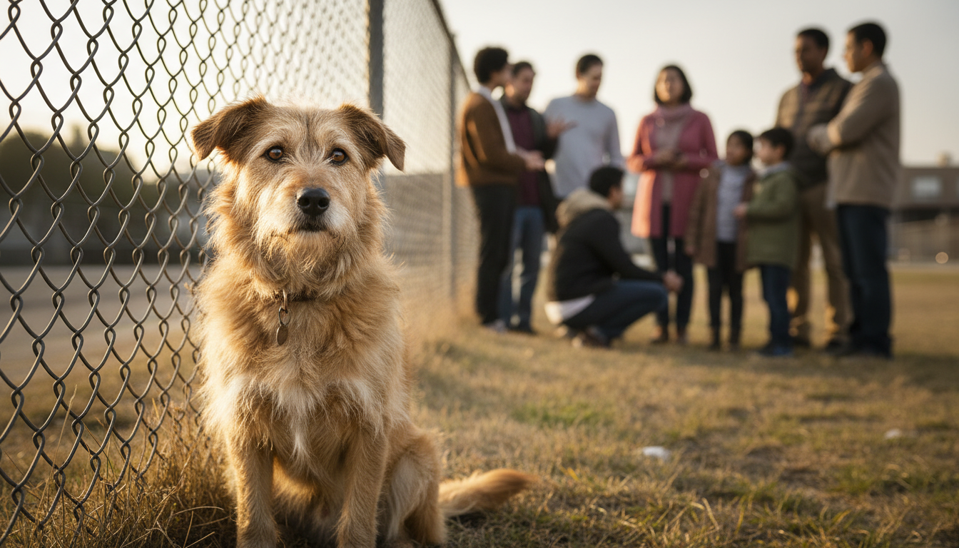 A scruffy dog sitting near a fence looking hopeful as neighbors gather in the background during an abandoned dog rescue.