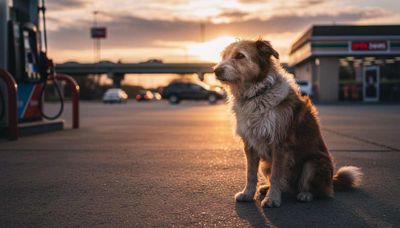 A sad dog sitting alone at a gas station looking down the road waiting for its owner