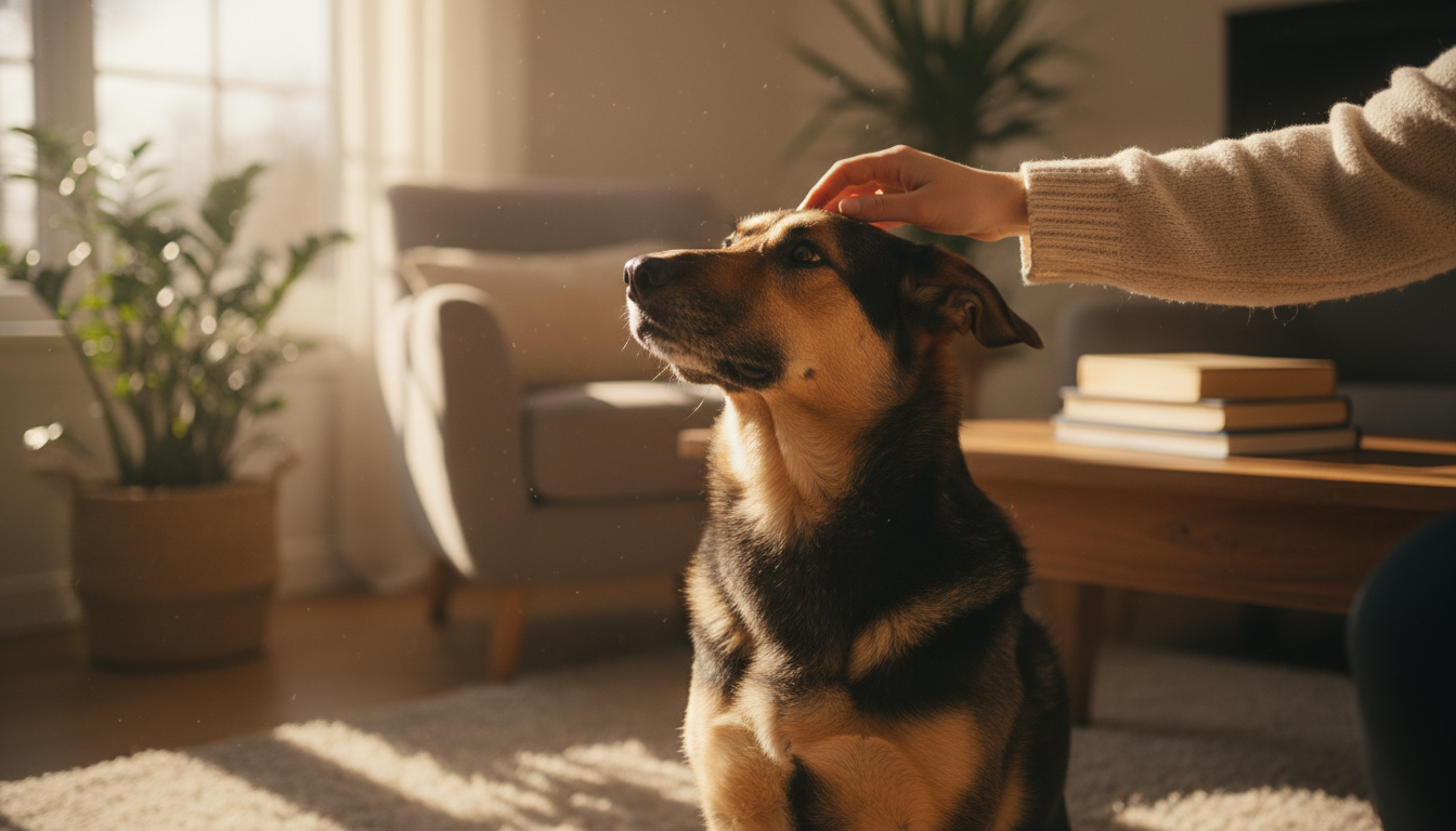 A brown shepherd mix dog looking happily at his owner in a sunlit room after being adopted