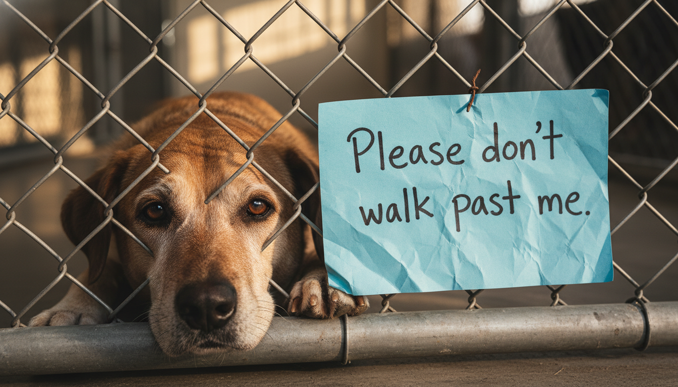 Senior dog sleeping in a shelter kennel behind a handwritten note asking for adoption